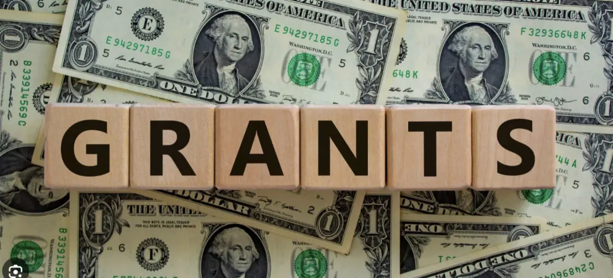 Stock image of the word GRANT on wood blocks over money